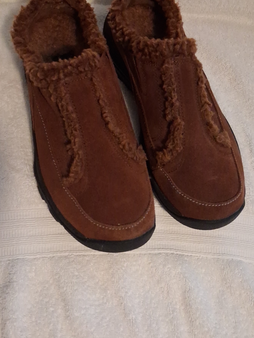 Ryka Brown Suede Shearling-Trim Slip-Ons
